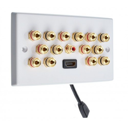 7.1 White Surround Sound Speaker Wall Plate with Gold Binding Posts + 1